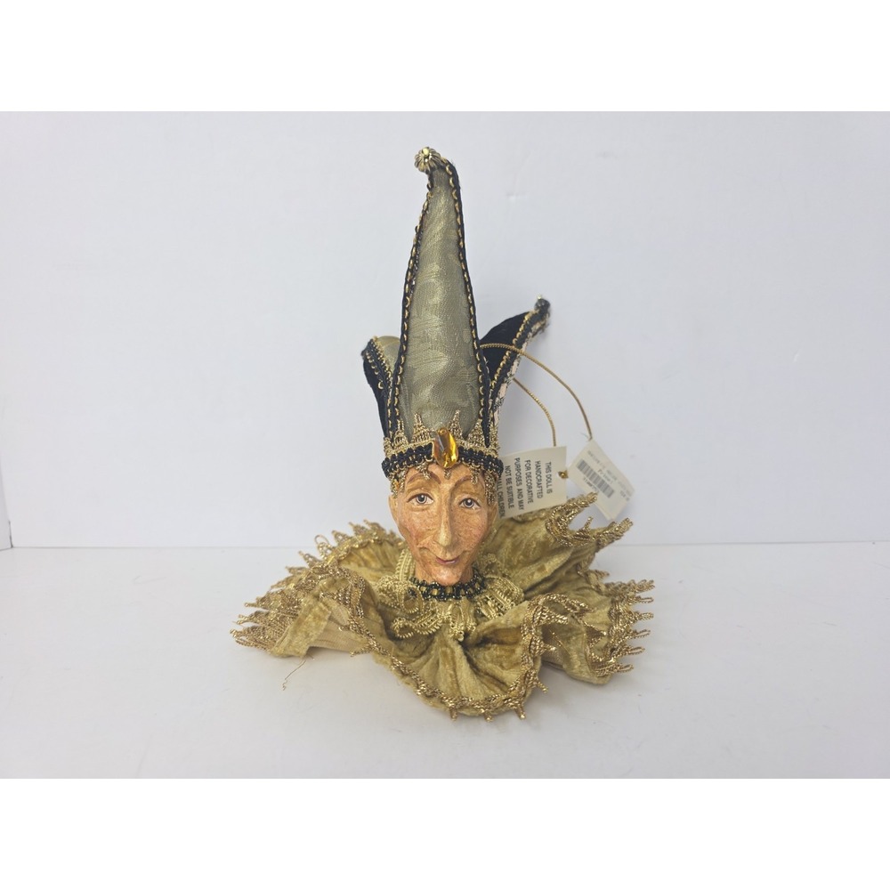 Masquerade‎ Jester doll head ornament 7" Troubadour black gold